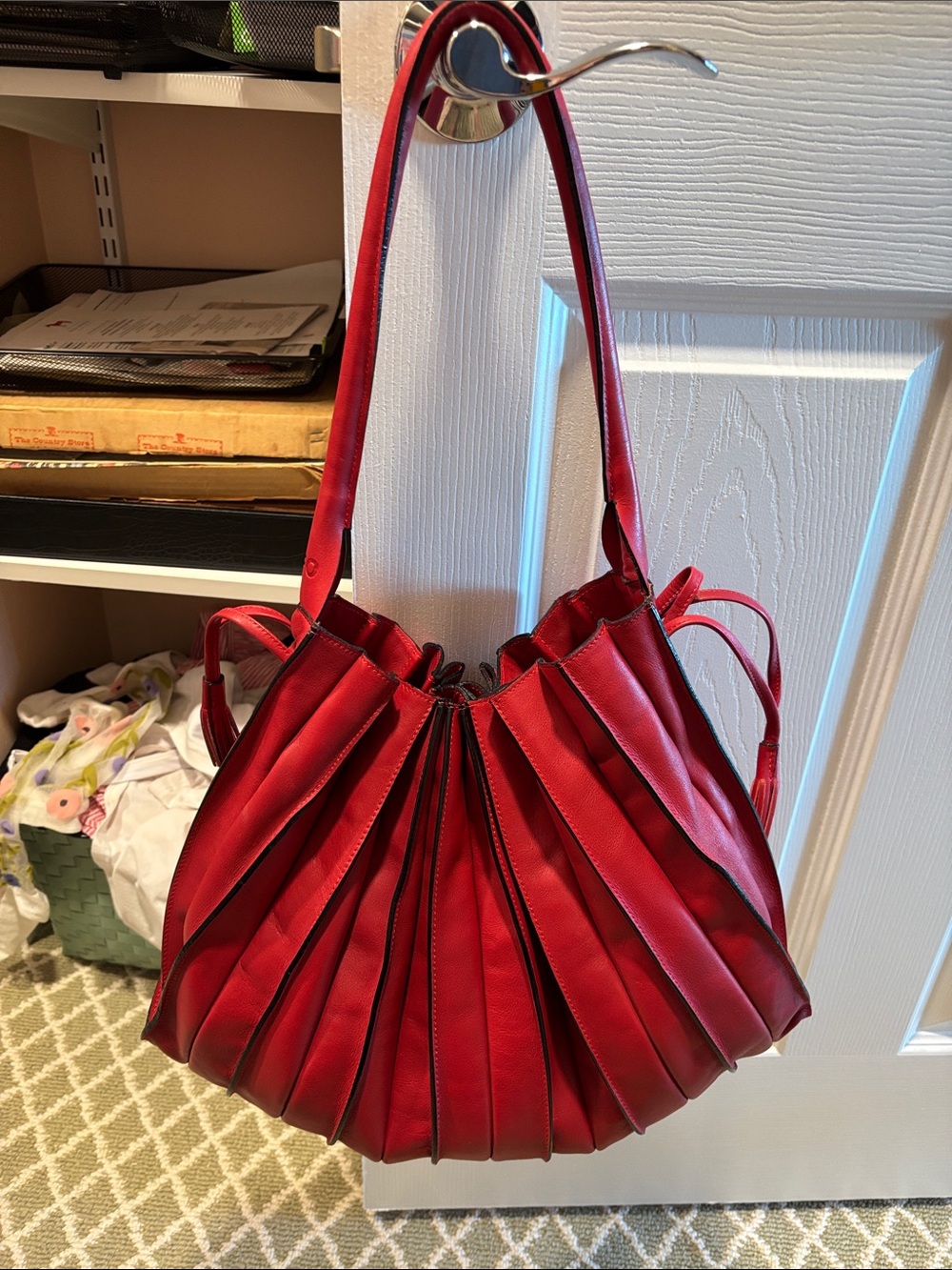 Pleated Red Shoulder Bag for Women - Sleek Everyday Tote